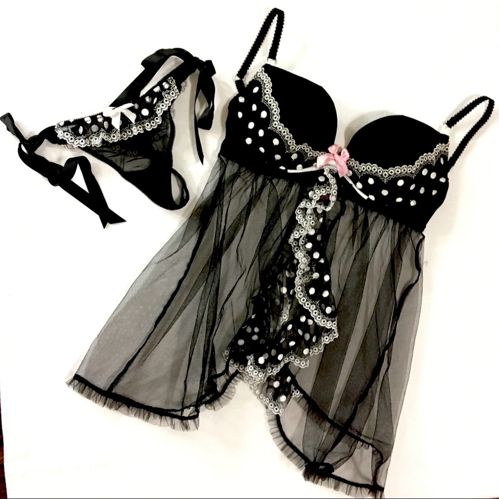 VS Polkadot Sheer Babydoll and Thong Nightie Set